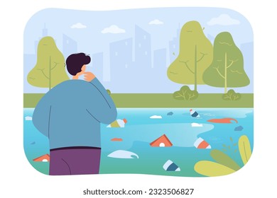 Tourist looking at garbage floating in river vector illustration. Cartoon drawing of back view of man looking at plastic waste in water. Pollution, ecology, nature, environment, protection concept
