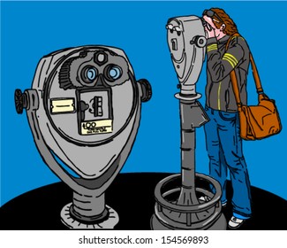 tourist looking through mounted binoculars at look out point 