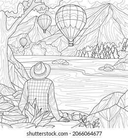 
Turista observa globos entre las montañas. Colores libros antiestrés para niños y adultos. Ilustración aislada sobre fondo blanco. Estilo zenano-margino. Dibujo manual
