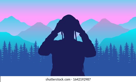 Tourist looks in binoculars at night. Explorer. Tourism on nature template of flyer, poster, cover, banner. Active lifestyle invitation concept background. Layout illustration modern page. Flat design
