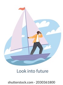 Tourist looks into distance. Man on sailboat sails forward and looking for right path of development. Metaphor for choosing strategy. Cartoon flat vector illustration isolated on white background