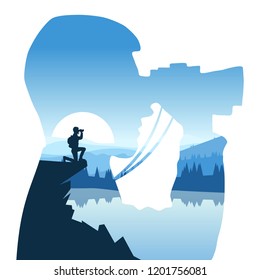 Tourist looks at the landscape binoculars. Double exposure. Illustration with a clipping mask