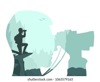 Der Tourist betrachtet die Landschaft Fernglas. Illustration mit Doppelexposition