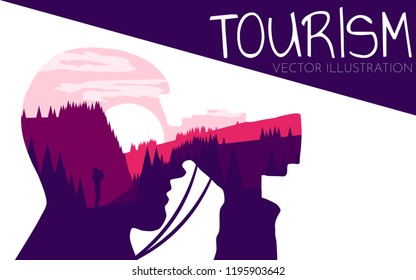 Tourist looks at the landscape binoculars. Illustration with double exposure effect