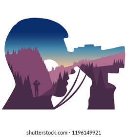 Tourist looks at the landscape binoculars. Illustration with double exposure effect