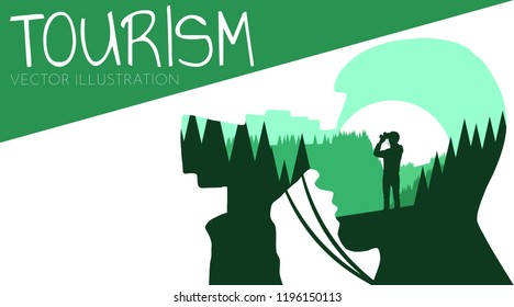 Tourist looks at the landscape binoculars. Illustration with double exposure effect