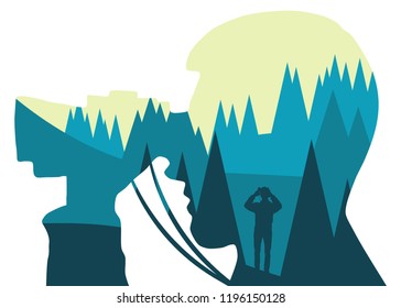 Tourist looks at the landscape binoculars. Illustration with double exposure effect