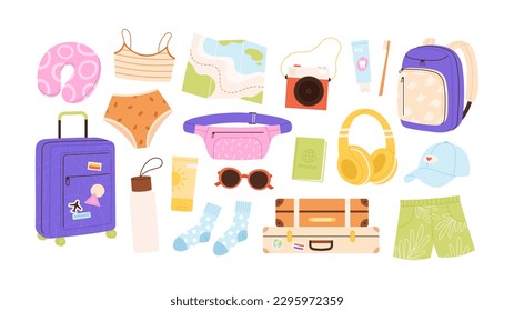 Tourist luggage items, trip accessories. Backpack and suitcase, travel beach cloth and map. Traveller adventure elements, cartoon vacation racy vector clipart