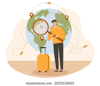 Turista con equipaje. Hombre con lupa mira el mapa del mundo, la Tierra. El globo, el planeta, el personaje escoge el punto para viajar. Viajero, vacaciones, vacaciones. Dibujo vectorial plano de dibujos animados