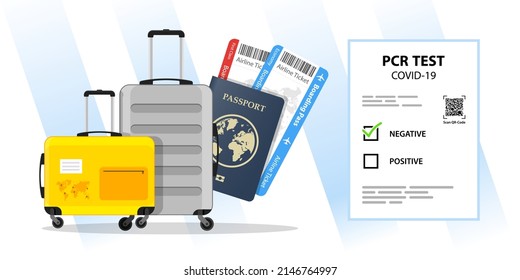 Tourist Luggage negative result of a PCR Covid-19 test new normal of travelling