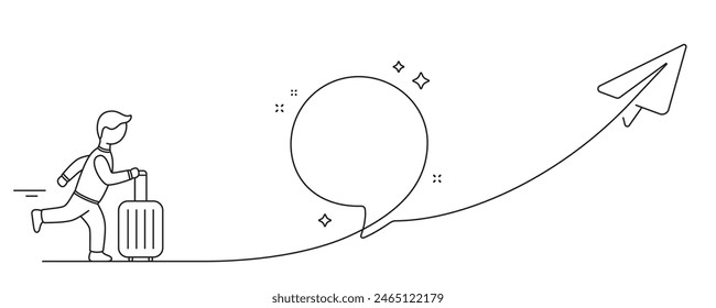 Tourist with luggage. Paper plane travel route. Line journey path, plane location, travel destination. Business journey trip suitcase. Speech bubble with flight route, paper plane and tourist. Vector