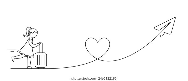 Tourist with luggage. Paper plane travel route. Line journey path with heart shape, travel paper plane. Business journey trip suitcase. Heart shaped flight route, paper plane and tourist. Vector