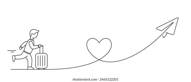 Tourist with luggage. Paper plane travel route. Line journey path with heart shape, travel paper plane. Business journey trip suitcase. Heart shaped flight route, paper plane and tourist. Vector