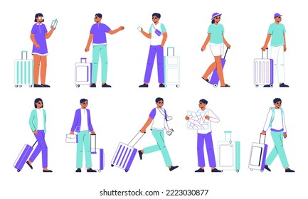 Tourist with luggage, travelling with suitcase and backpack. Walking and waiting travellers with luggage, tourist on vacation vector illustrations set. Travellers characters