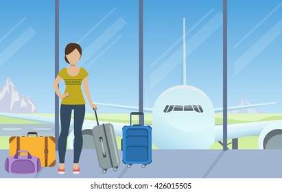 Tourist with luggage waiting for check-in at the airport. Vector.