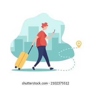 Tourist with a luggage is walking in a city and holding a phone in his hand. Traveling man uses mobile gps navigation to find a location. Online map or navigation smartphone application concept