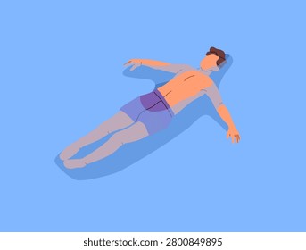 Tourist is lying on his back on water in summer top view. Man in swimsuit is swimming and sunbathing on ocean surface. Person relaxes, has a rest in sea resort. Flat isolated vector illustration