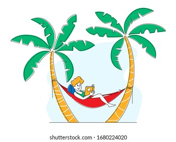 Tourist Male Character Relaxing on Exotic Resort Lying in Hammock Hanging in Palm Trees and Reading Interesting Book. Recreation Spare Time, Hobby and Leisure Concept. Linear Vector Illustration
