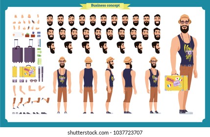 Tourist male, vacation traveller character creation set. Full length, views, emotions, gestures, tanned skin tones, white background. Build your own design. Cartoon flat-style infographic illustration