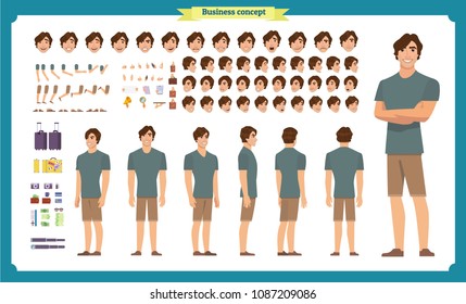 Tourist male, vacation traveller character creation set. Full length, Front, side, back views, face emotions, poses and gestures. Build your own design. Cartoon flat-style infographic vector isolated