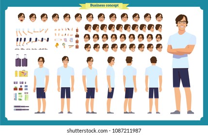 Tourist male, vacation traveller character creation set. Full length, Front, side, back views, face emotions, poses and gestures. Build your own design. Cartoon flat-style infographic vector isolated