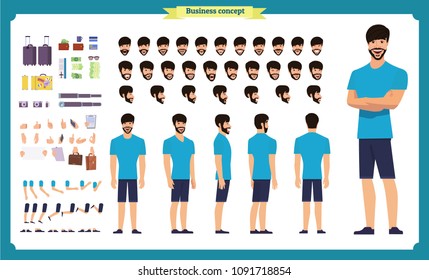 Tourist male, vacation traveller character creation set. Full length, Front, side, back views, face emotions, poses and gestures. Build your own design. Cartoon flat-style infographic vector isolated