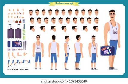 Tourist male, vacation traveller character creation set. Full length, Front, side, back views, face emotions, poses and gestures. Build your own design. Cartoon flat-style infographic vector isolated