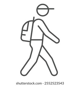 Homem turístico com mochila saco fino ícone linha, conceito de viagem. Gráficos vetoriais. Sinal de menino Courier no fundo branco, ícone de estilo de contorno para design móvel ou web