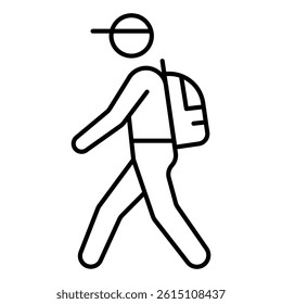 Tourist man with backpack bag thin line icon, traveling concept. Vector graphics. Courier boy sign on white background, linear style mobile or design