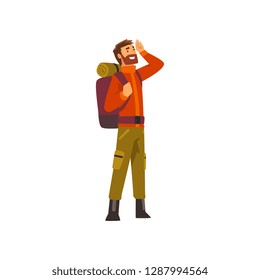 Tourist man with backpack, outdoor adventures, travel, camping, backpacking trip or expedition vector Illustration