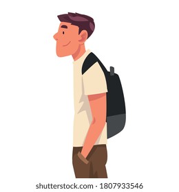 Tourist Man with Backpack, Side View, African Safari Travel, Cartoon Vector Illustration on White Background