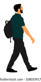 Tourist man with backpack vector illustration isolated on white background. Male passenger walking. Urban traveler. Travel boy walking. Student go to university.