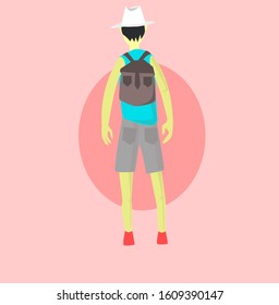 Tourist man with backpack vector illustration. Male hipster passenger walking. Camping man traveling with luggage.