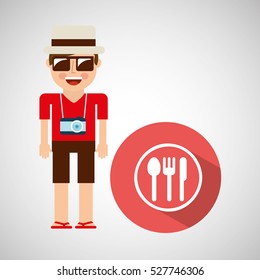 tourist man with camera and dinner sign vector illustration eps 10