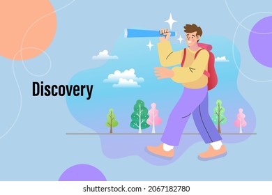 Tourist man carrying a backpack and looking through big binoculars far ahead. Observation, discovery, future concept. Vector cartoon illustration in modern concept.