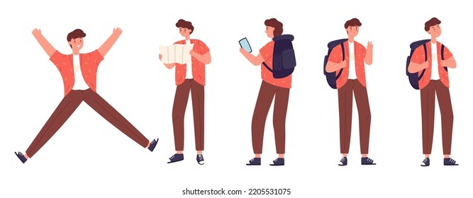 Tourist man in different poses and situations - flat vector illustration isolated on white background. Set of young traveler with backpack taking photo, looking at map, jumping and exploring.