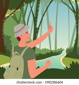 hombre turista en el bosque con río