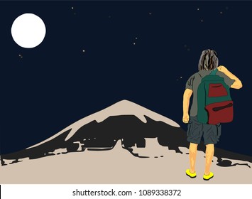 Tourist Man in half sleeve t-shirt and Bermuda and backpack bag on one Shoulder going away to a snow hill in dark full moon night travelling concept Vector illustration