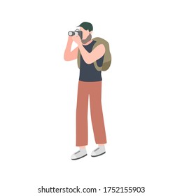 Tourist man holding camera take photo shot. Cameraman, photographer male. Vector illustration.
