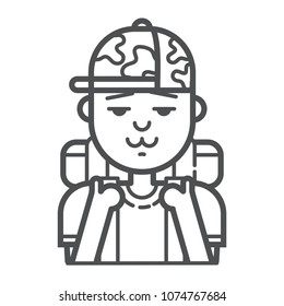 Tourist man icon. Nature outdoorman and sightseer. On vacation, hiking, trekking and camping Tourism and travel icon. Line art