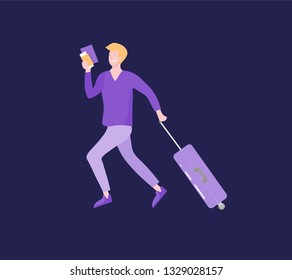Tourist man with laggage travelling alone, go on journey. Traveler in various activity with luggage and equipment. Vector illustration