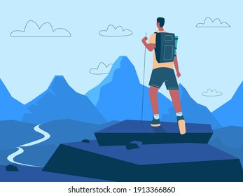 Tourist man looking on the mountain. Young and strong male character with backpack. He stands with his back. Flat vector illustration can be used for tourism, travel, hiking and other vacations concep