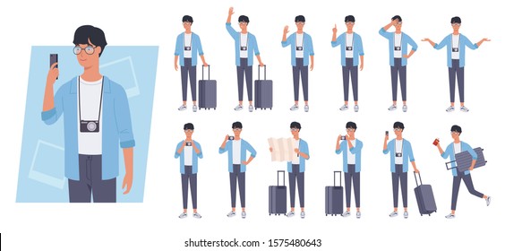 Tourist man with luggage character set. Different poses and emotions. Vector illustration in a flat style