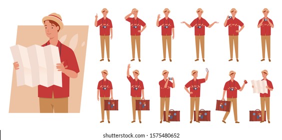 Tourist man with luggage character set. Different poses and emotions. Vector illustration in a flat style