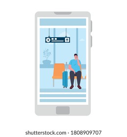 tourist man with luggage sitting airport in smartphone, app online travel vector illustration design