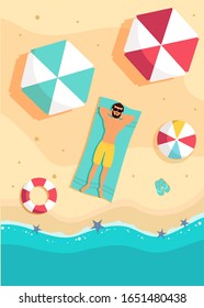Tourist Man Lying On Beach Top Angle View Hello Summer Vacation Tropical Seaside Ocean Flat Vector Illustration