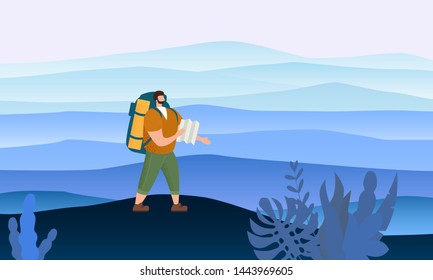 Tourist man with map and backpack performing outdoor touristic activity. Minimal landscape. Adventure travel, hiking walking trip tourism wild nature trekking. Flat cartoon colorful vector