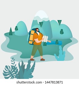 Tourist man with map and backpack performing outdoor touristic activity. Mountain landscape. Adventure travel, hiking walking trip tourism wild nature trekking. Flat cartoon colorful vector