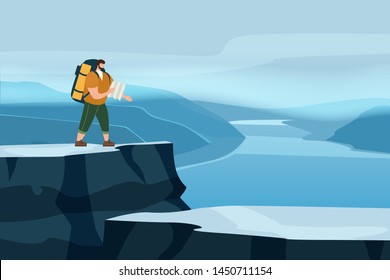Tourist man with map and backpack performing outdoor touristic activity. Mountain panorama landscape. Adventure travel, hiking walking trip tourism wild nature trekking. Flat cartoon colorful vector
