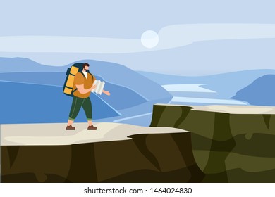 Tourist man with map and backpack performing outdoor touristic activity. Mountain panorama landscape. Adventure travel, hiking walking trip tourism wild nature trekking. Flat cartoon colorful vector